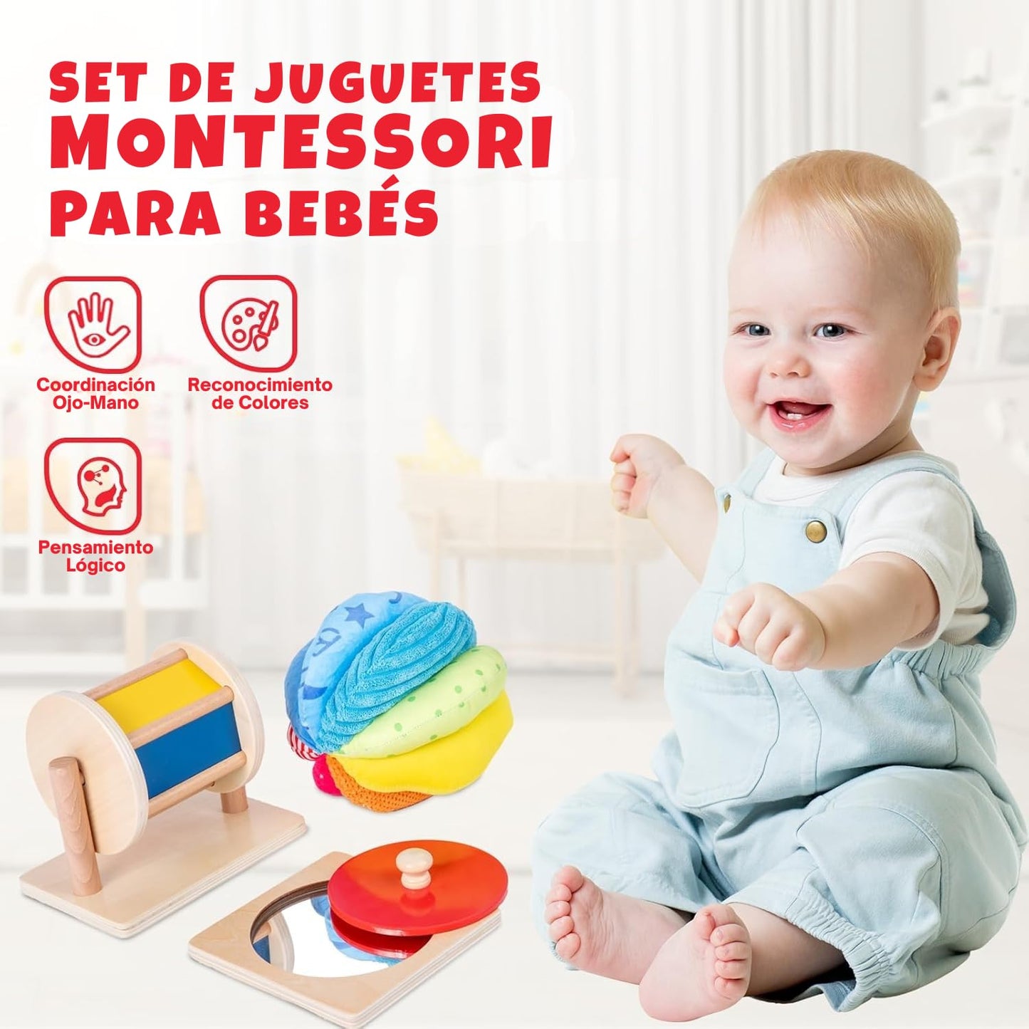 Adena Montessori Baby Toys Play Kit – Mirror, Knob Puzzle, Spinning Drum & Rainbow Ball (6–12 Months)