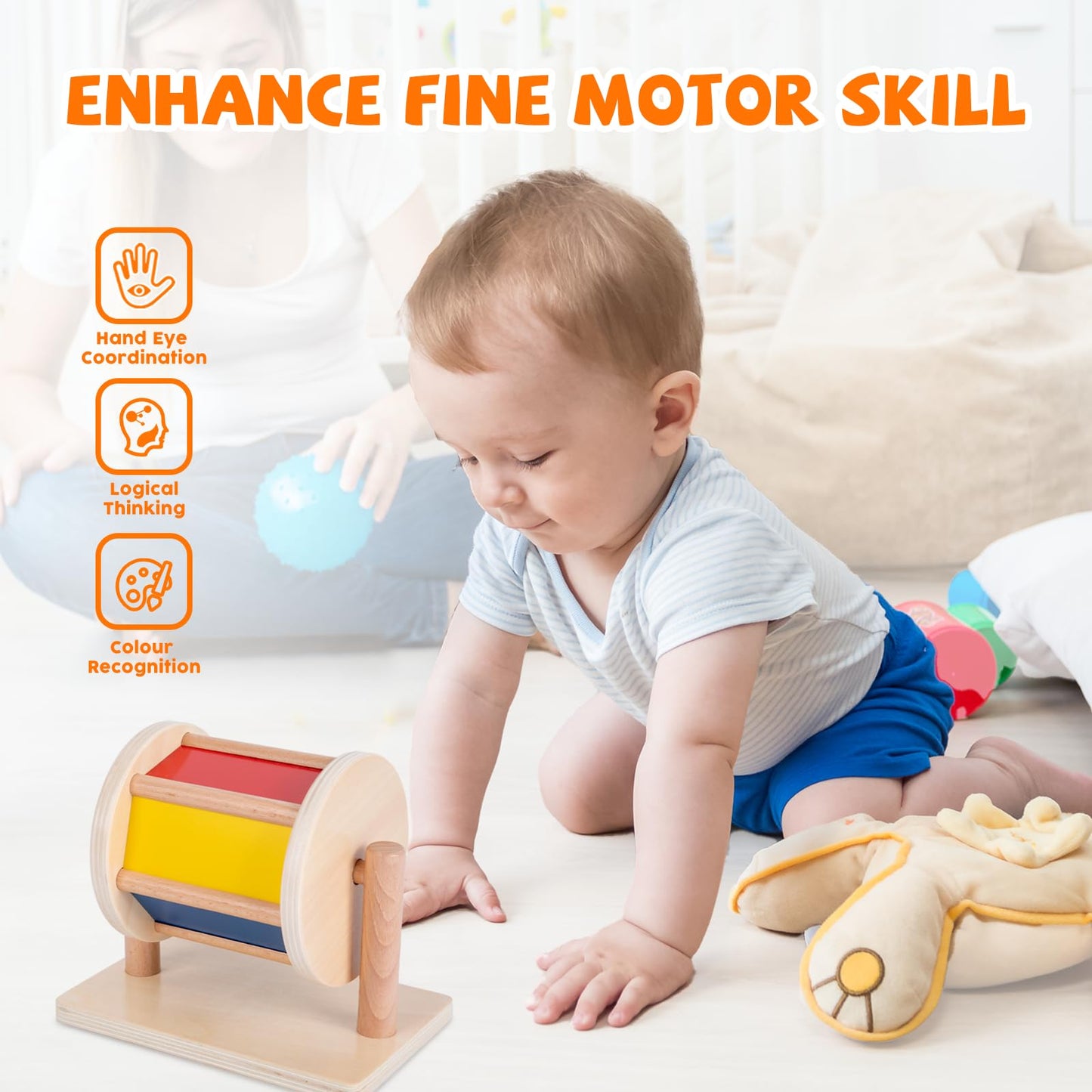 Adena Montessori Baby Toys Play Kit – Mirror Peekaboo, Spinning Rainbow Drum & Fabric Ball for 6-12 Months