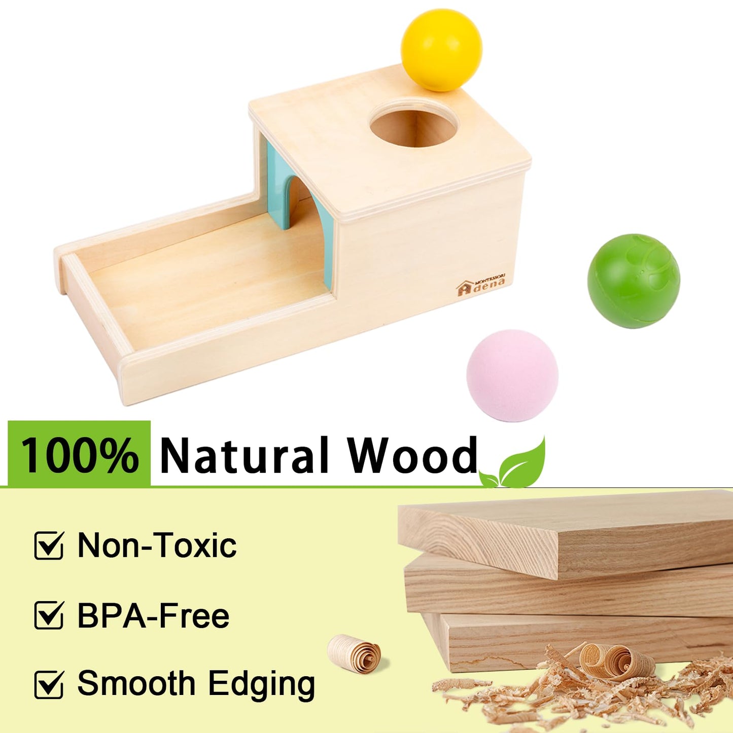 Adena Montessori Object Permanence Box with Tray - Wooden Baby Toy for 6-12 Months | 3 Balls & Colorful Learning