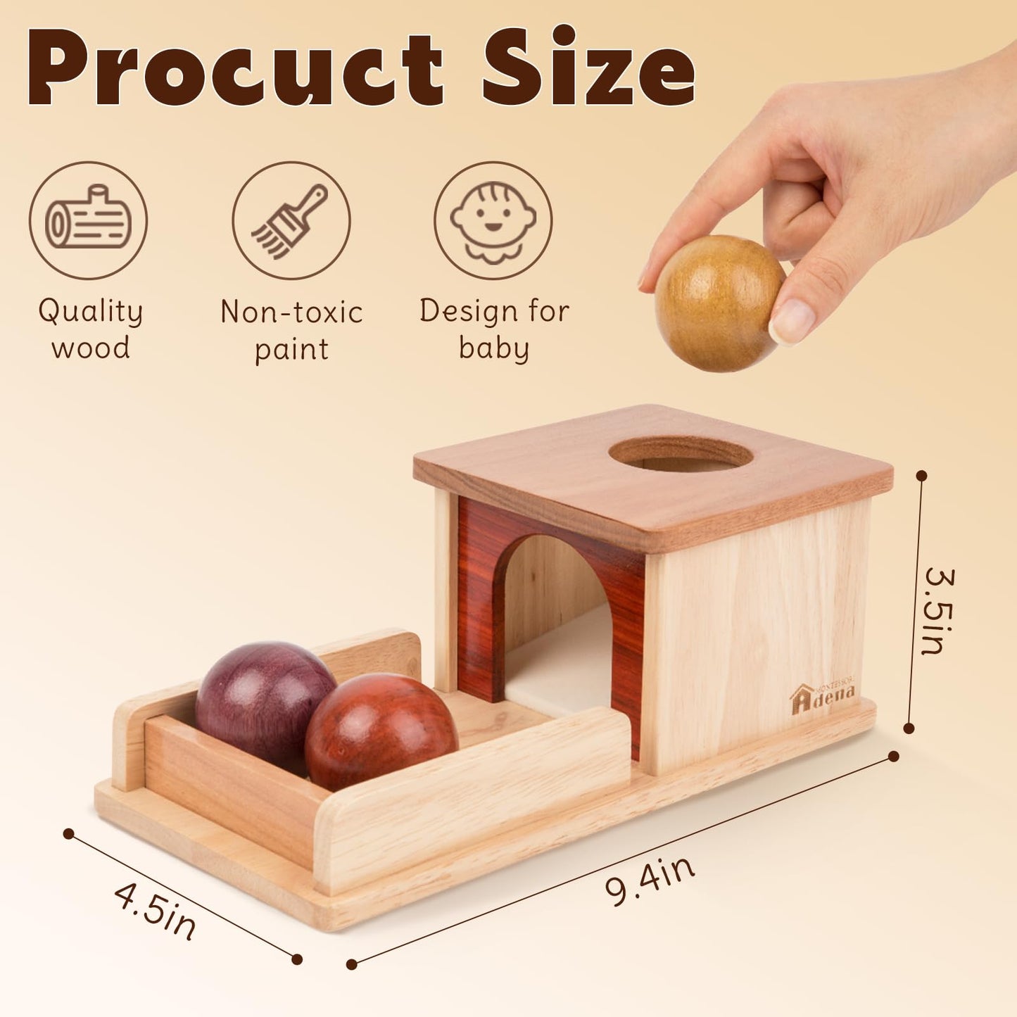 Adena Montessori Object Permanence Box – Wooden Baby Toy with 3 Balls
