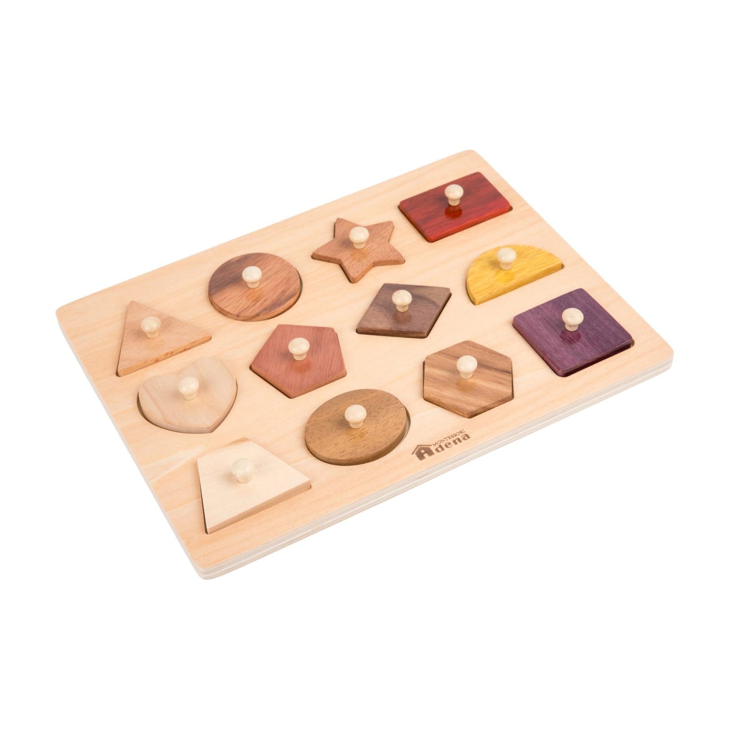 Adena Montessori Wooden Puzzles for Toddlers – 12-Piece Shape Peg Board Toys