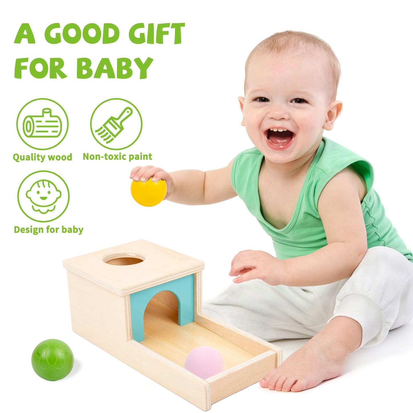 Adena Montessori Object Permanence Box with Tray - Wooden Baby Toy for 6-12 Months | 3 Balls & Colorful Learning