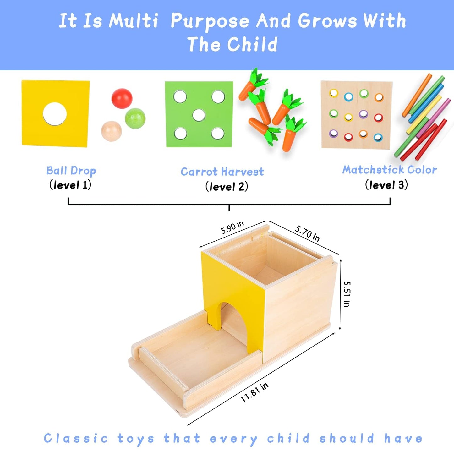 Adena Montessori 5-in-1 Wooden Play Kit for Babies 6-12 Months | Object Permanence, Color Drop, Harvest & Coin Box
