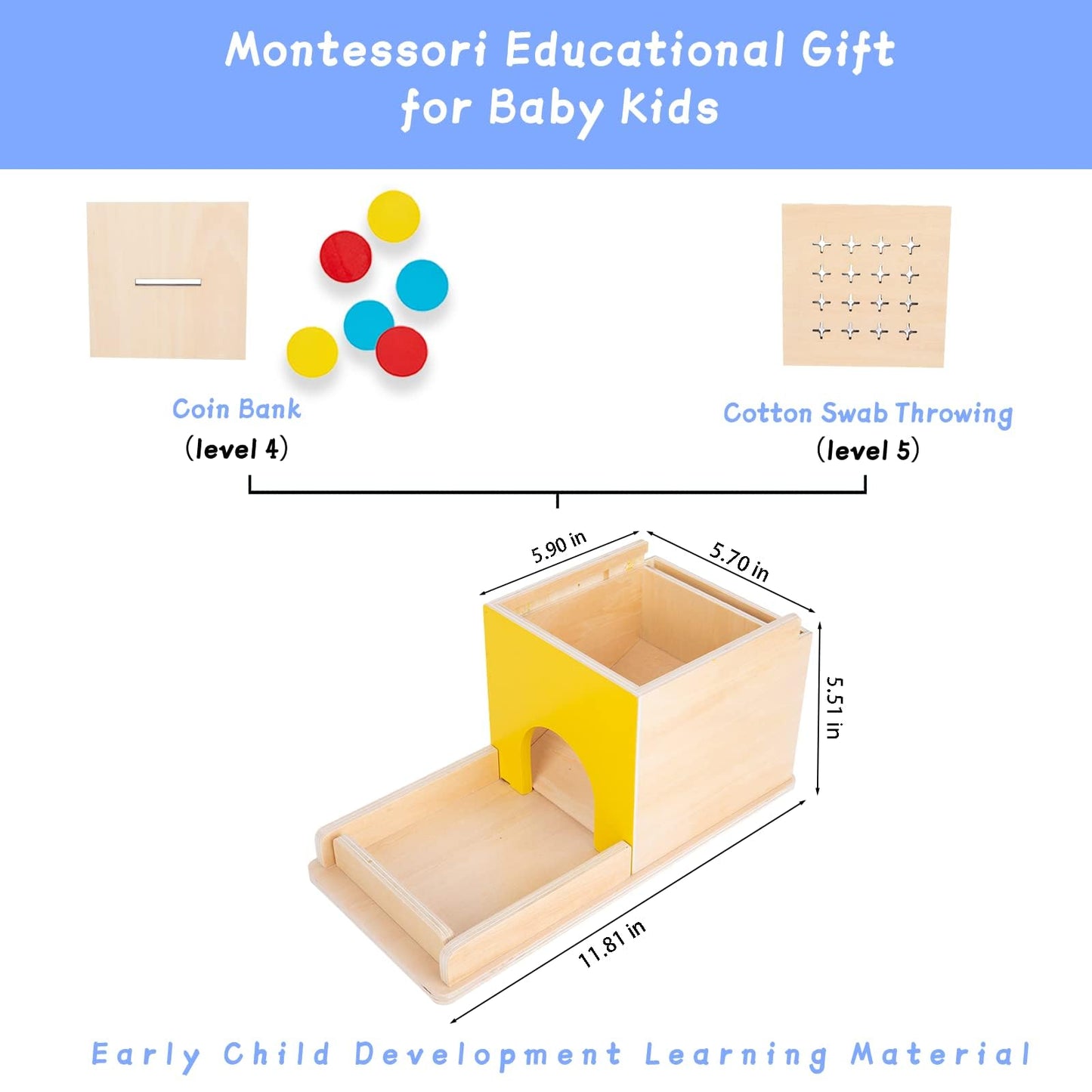 Adena Montessori 5-in-1 Wooden Play Kit for Babies 6-12 Months | Object Permanence, Color Drop, Harvest & Coin Box