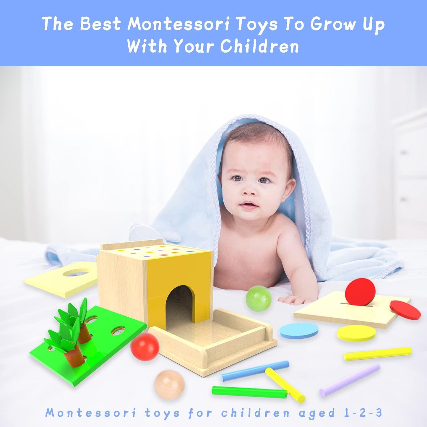 Adena Montessori 5-in-1 Wooden Play Kit for Babies 6-12 Months | Object Permanence, Color Drop, Harvest & Coin Box