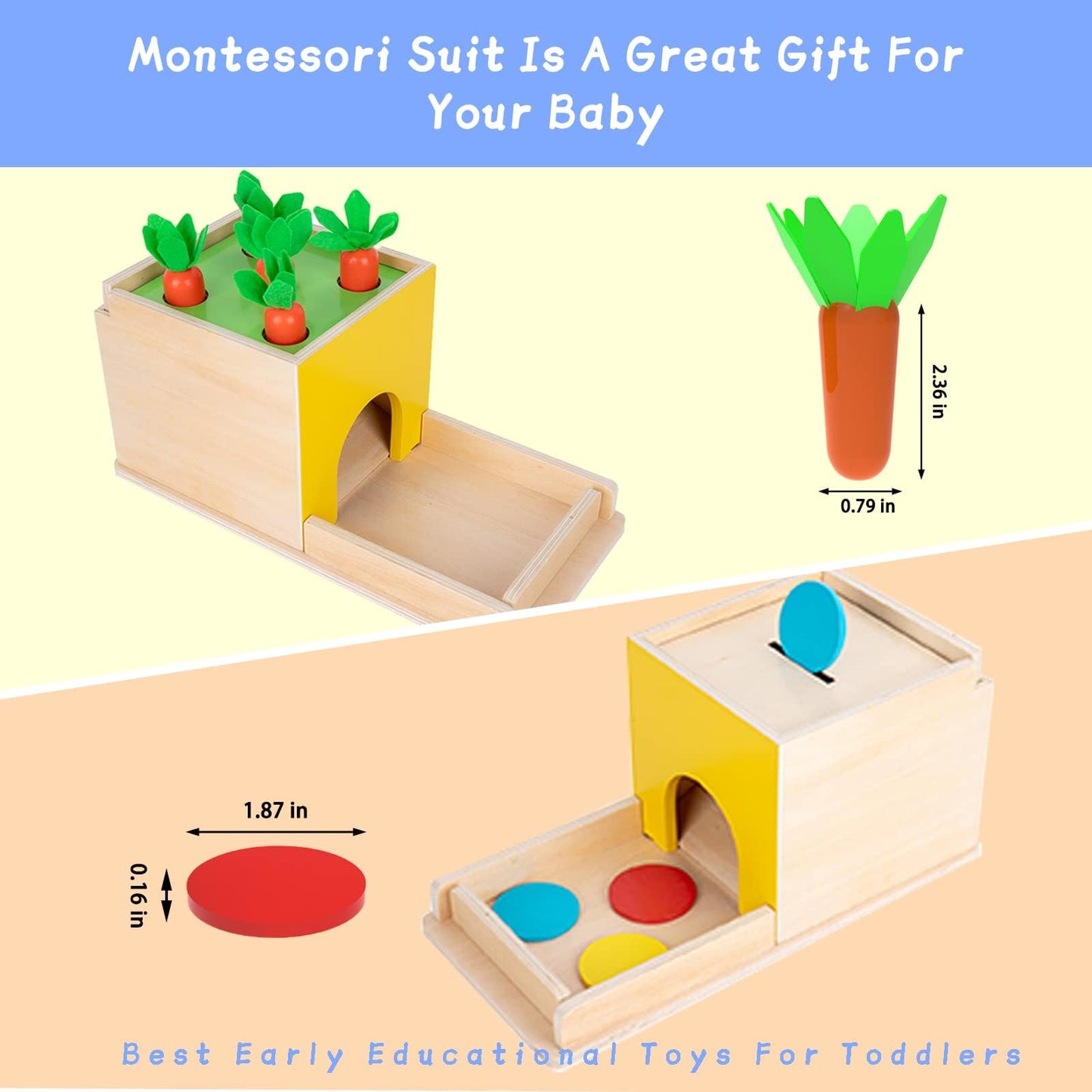 Adena Montessori 5-in-1 Wooden Play Kit for Babies 6-12 Months | Object Permanence, Color Drop, Harvest & Coin Box