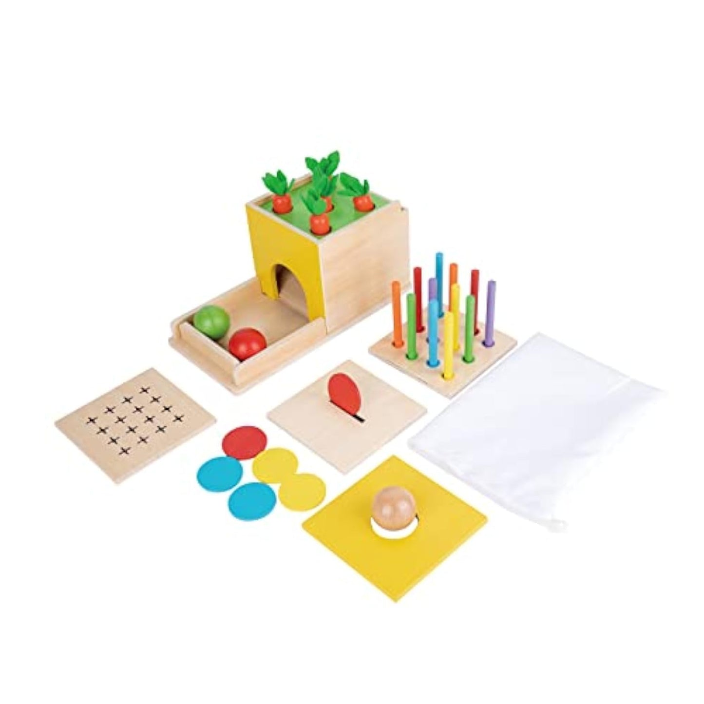 Adena Montessori 5-in-1 Wooden Play Kit for Babies 6-12 Months | Object Permanence, Color Drop, Harvest & Coin Box