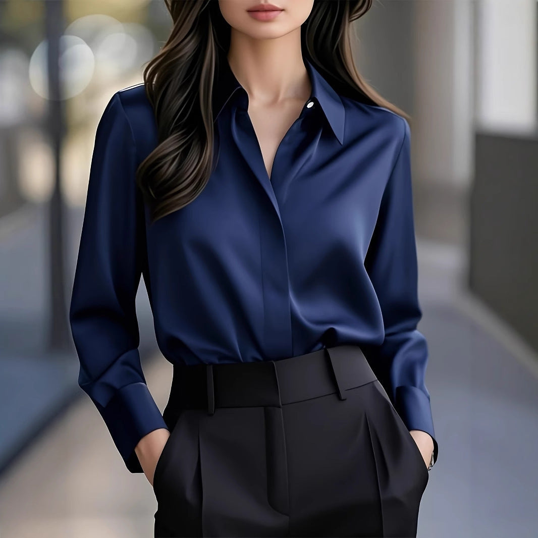 Long Sleeve Simple Blouse Lapel Versatile Loose