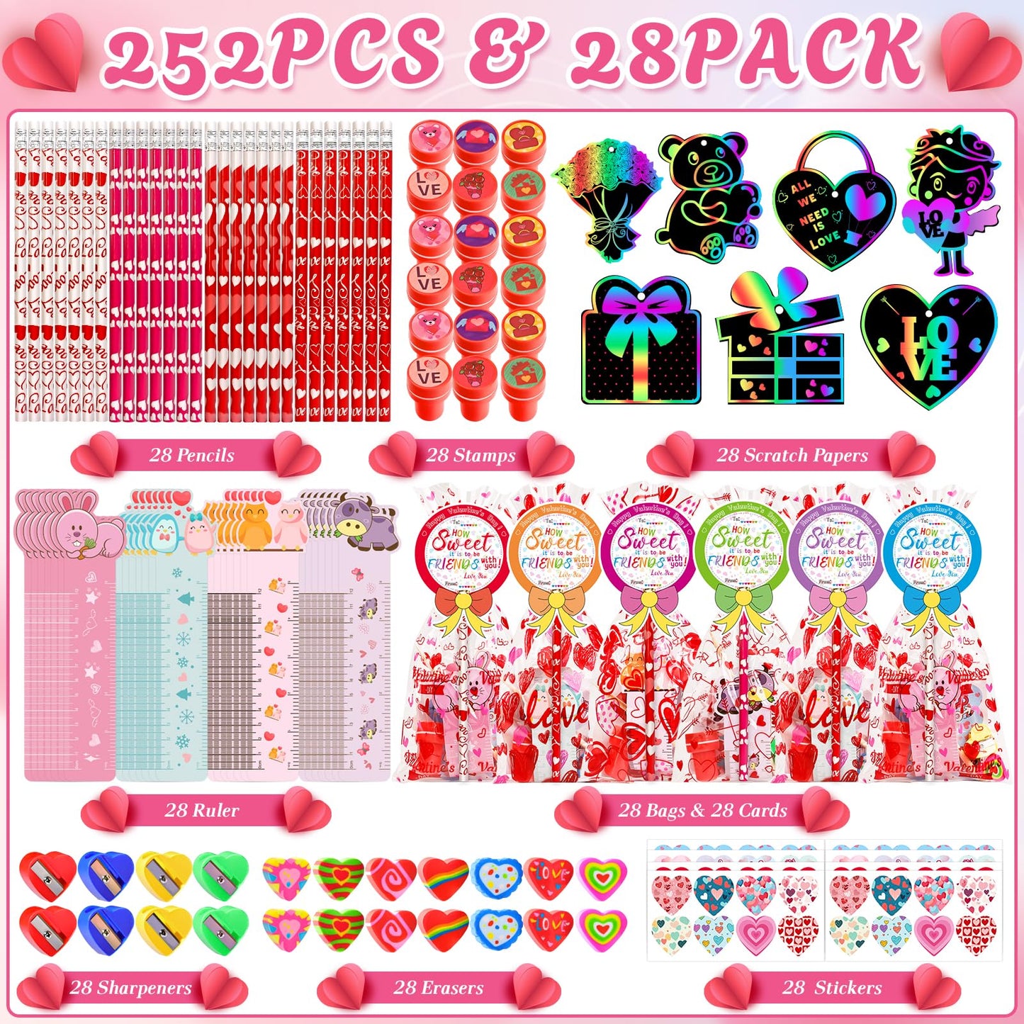Adisher 28-Pack Valentines Day Gifts for Kids | Classroom Stationery Set with Cards, Pencils, Erasers, and Goodie Bags