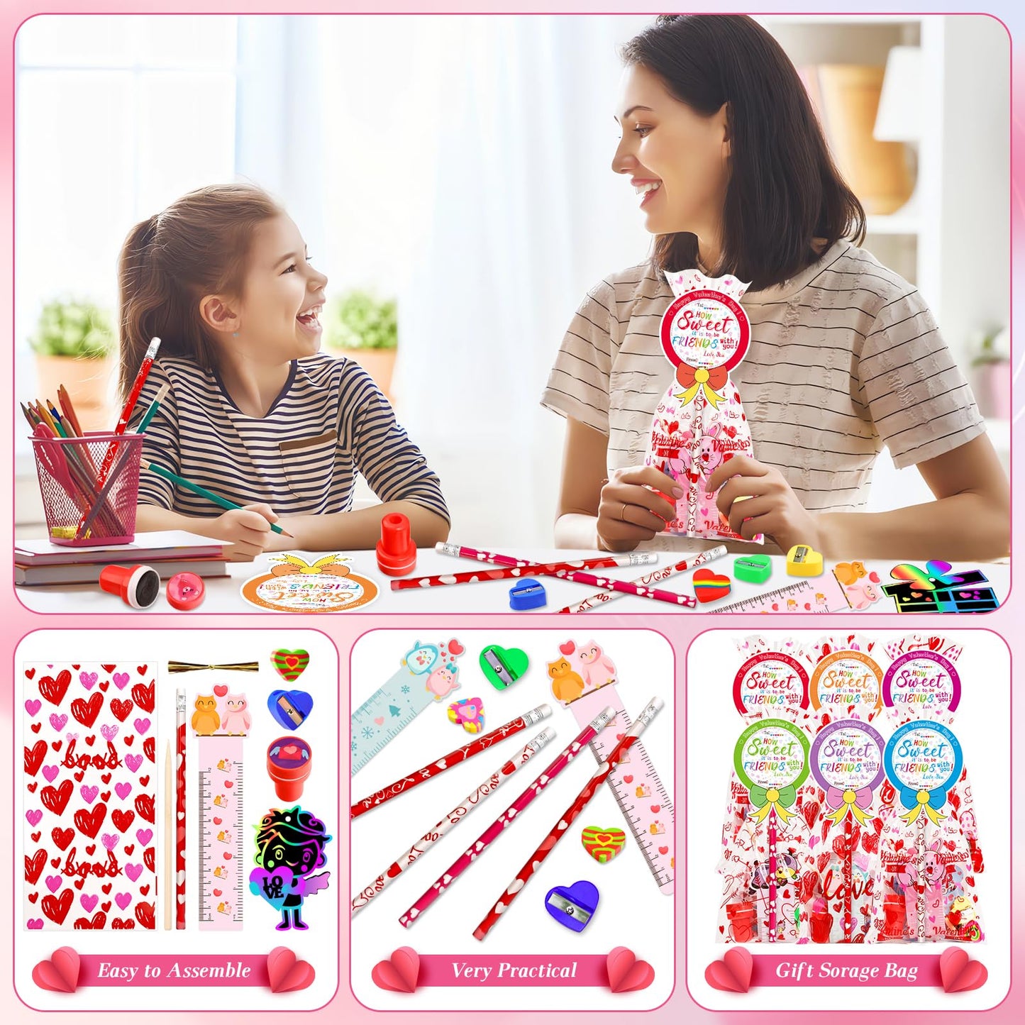 Adisher 28-Pack Valentines Day Gifts for Kids | Classroom Stationery Set with Cards, Pencils, Erasers, and Goodie Bags