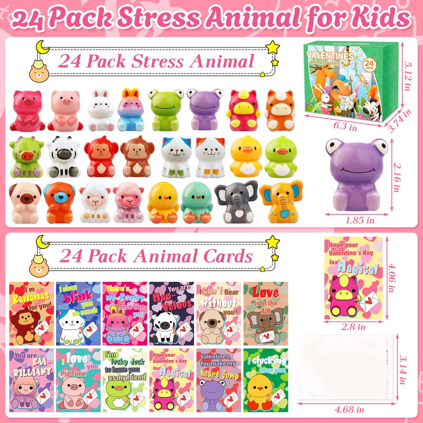 Adisher 24 Pack Valentines Day Gifts for Kids — Cards + Animal Squishy Toys for Classroom Exchanges