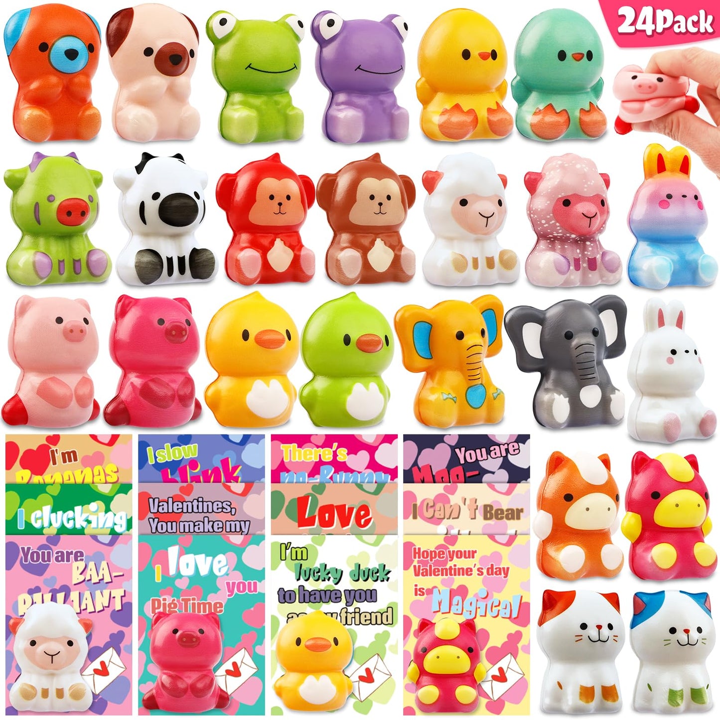 Adisher 24 Pack Valentines Day Gifts for Kids — Cards + Animal Squishy Toys for Classroom Exchanges