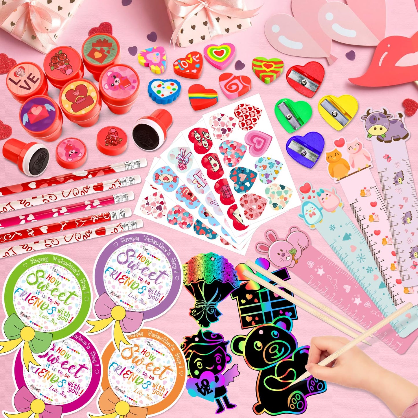 Adisher 28-Pack Valentines Day Gifts for Kids | Classroom Stationery Set with Cards, Pencils, Erasers, and Goodie Bags