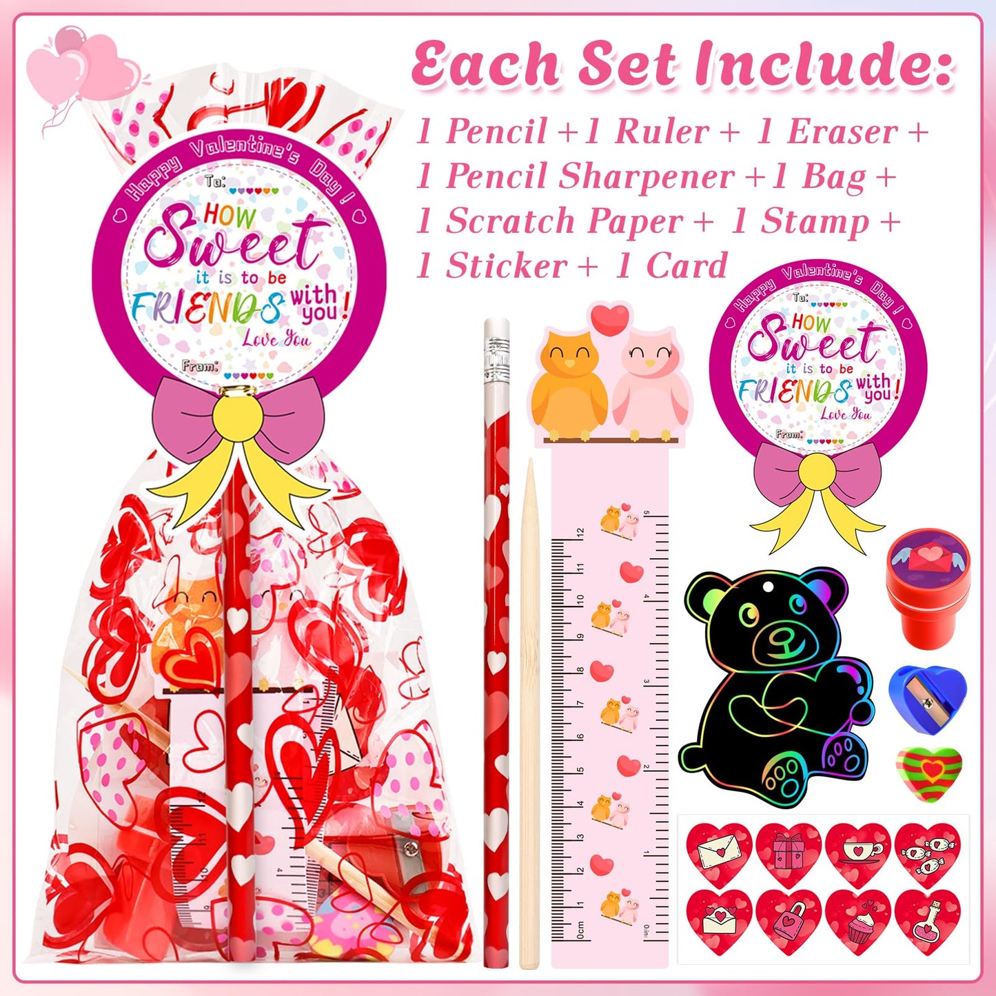Adisher 28-Pack Valentines Day Gifts for Kids | Classroom Stationery Set with Cards, Pencils, Erasers, and Goodie Bags