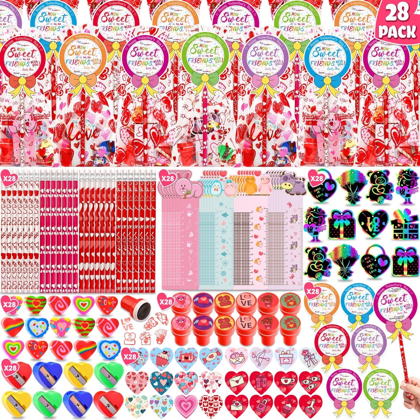 Adisher 28-Pack Valentines Day Gifts for Kids | Classroom Stationery Set with Cards, Pencils, Erasers, and Goodie Bags