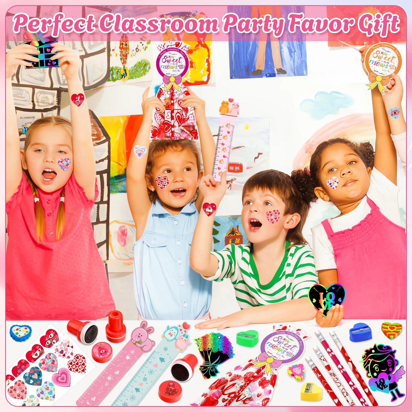 Adisher 28-Pack Valentines Day Gifts for Kids | Classroom Stationery Set with Cards, Pencils, Erasers, and Goodie Bags