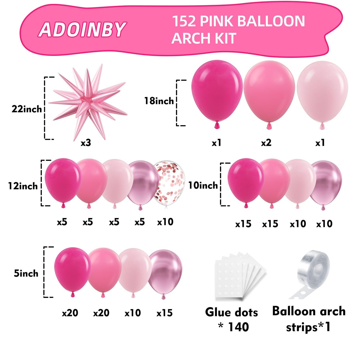 ADOINBY Pink Balloon Arch Kit - 152 Pcs Hot Pink & Confetti Garland for Parties