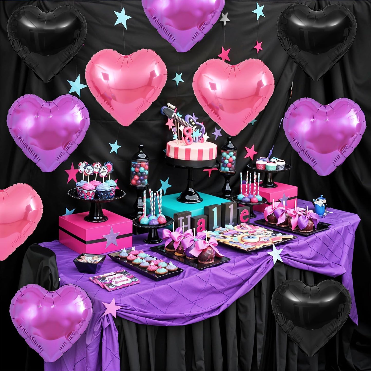 Adorely Pink & Purple Heart Foil Balloons – 12Pcs, 18-Inch, Black Pink Hearts for Baby Showers, Weddings & Parties