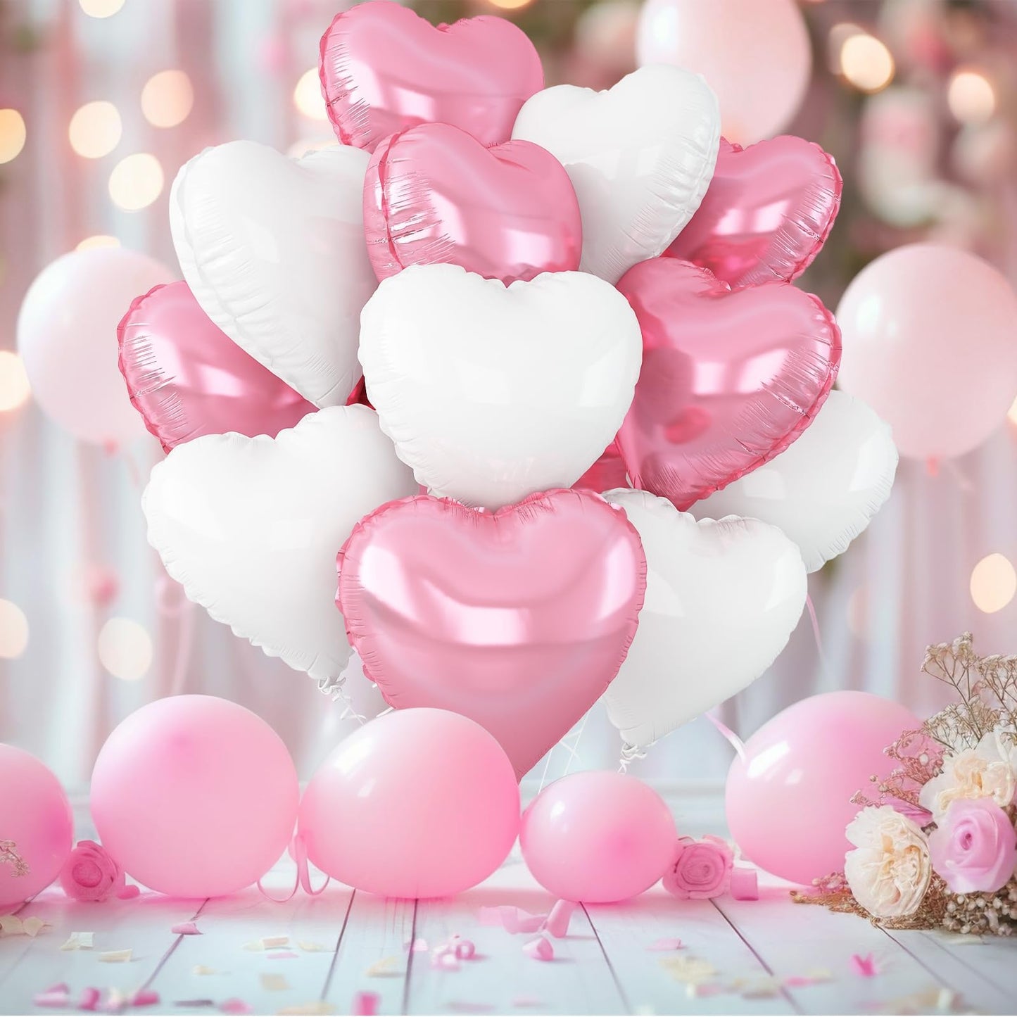 Adorely Pink & White Heart Foil Balloons, 12Pcs, 18-Inch – Ideal for Baby Showers, Birthdays, Weddings