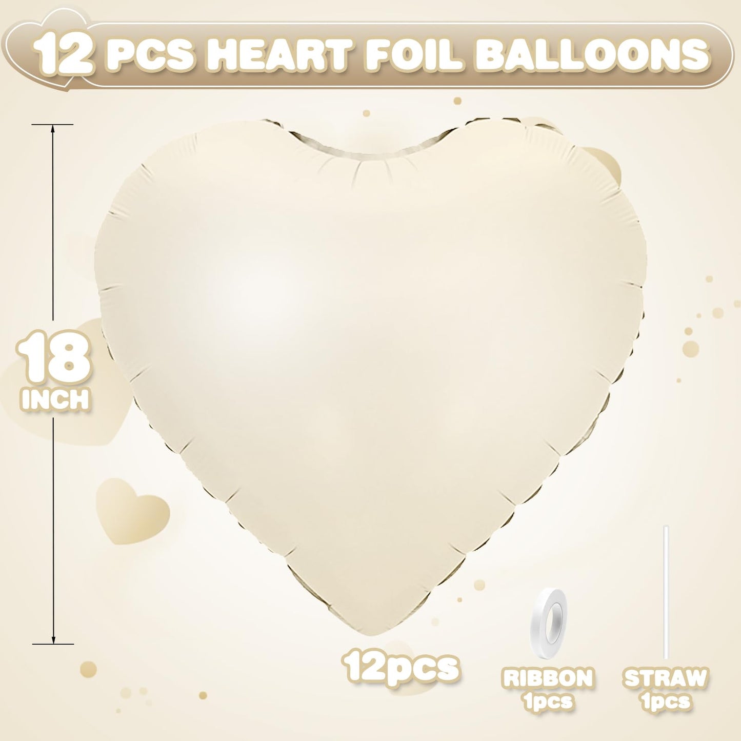 Adorely Cream White Heart Foil Balloons – 12Pcs, 18-Inch for Baby Showers, Weddings & Parties