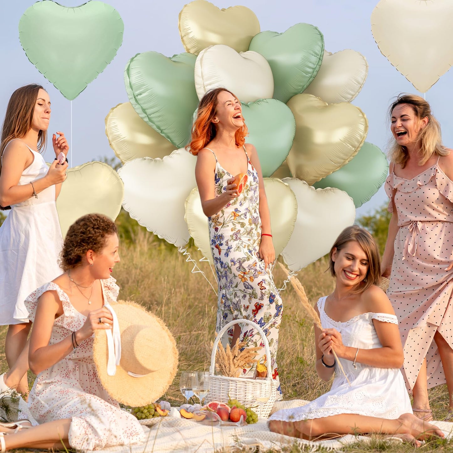 Adorely Sage Green Gold Heart Balloons – 12pc Foil Hearts, 18in Cream White