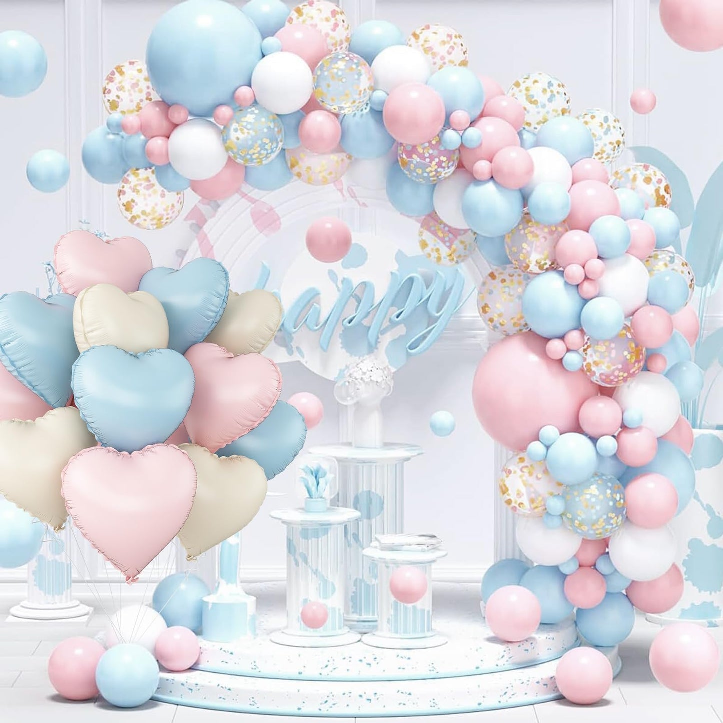 Adorely Pink Blue Heart Balloons – 12 Pcs, 18-Inch Cream White, Baby Pink & Baby Blue Foil Heart Balloons for Baby Shower, Gender Reveal, Weddings