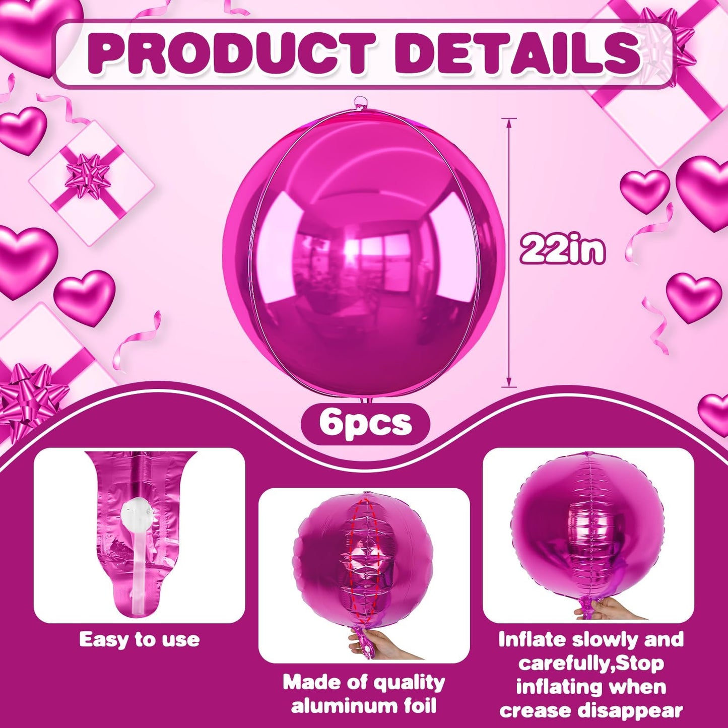 Adorely 6Pcs Hot Pink Round Foil Balloons – 22in Giant 4D Balloons for Party Decor