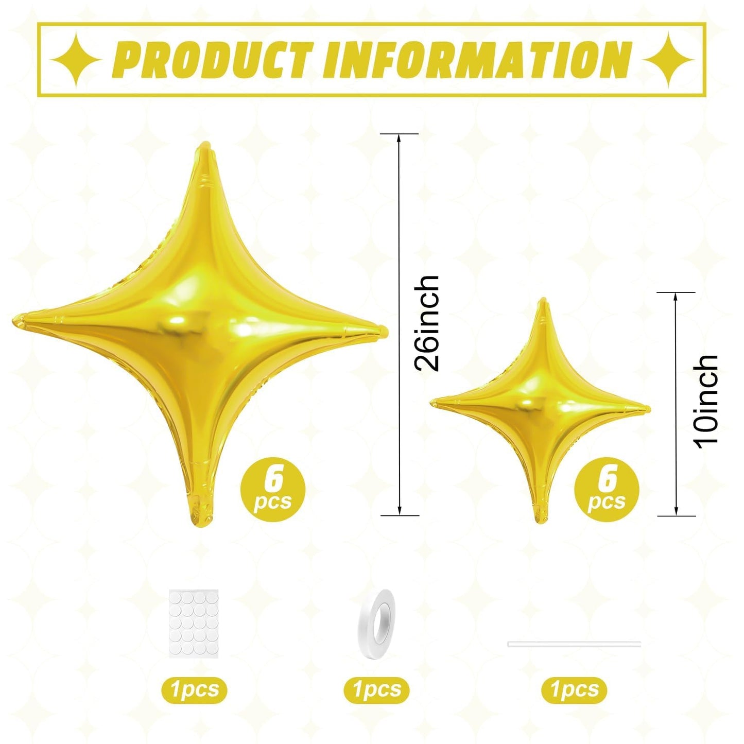 Adorely Gold Star Balloons – 12Pcs Four-Angle Foil Balloons (26in & 10in) Party Decor