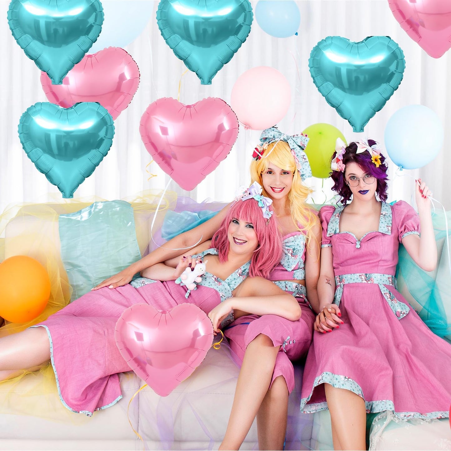 Adorely Pink & Teal Heart Foil Balloons – 18in Heart Balloons for Mermaid Birthday, Baby Shower & Party Decor