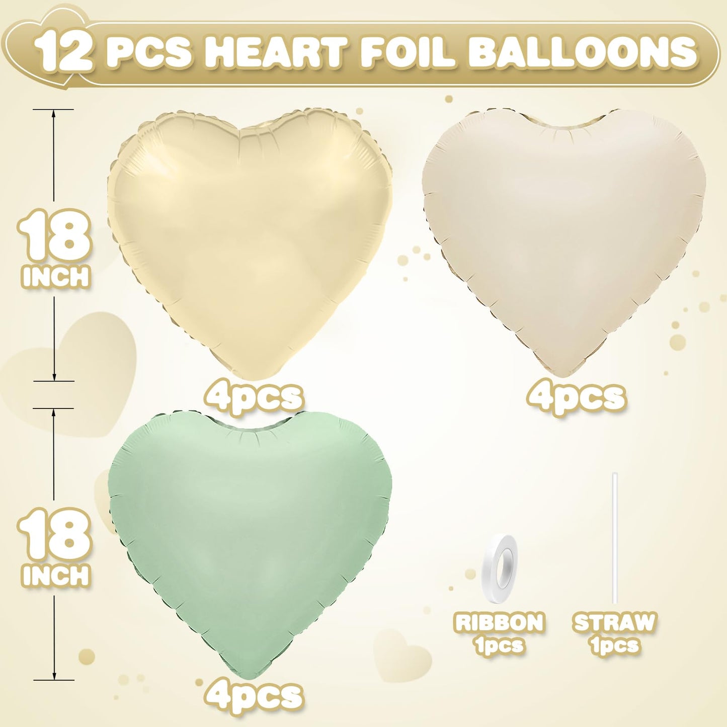 Adorely Sage Green Gold Heart Balloons – 12pc Foil Hearts, 18in Cream White