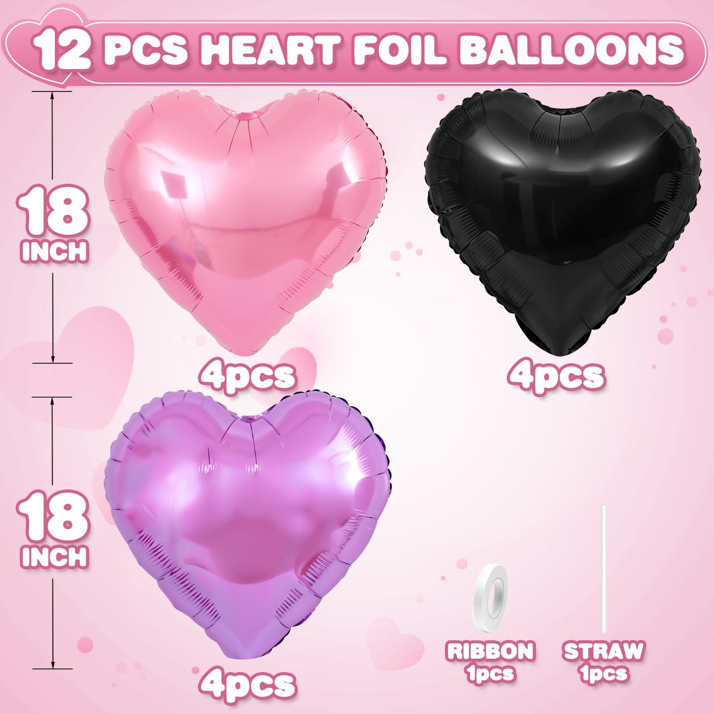 Adorely Pink & Purple Heart Foil Balloons – 12Pcs, 18-Inch, Black Pink Hearts for Baby Showers, Weddings & Parties