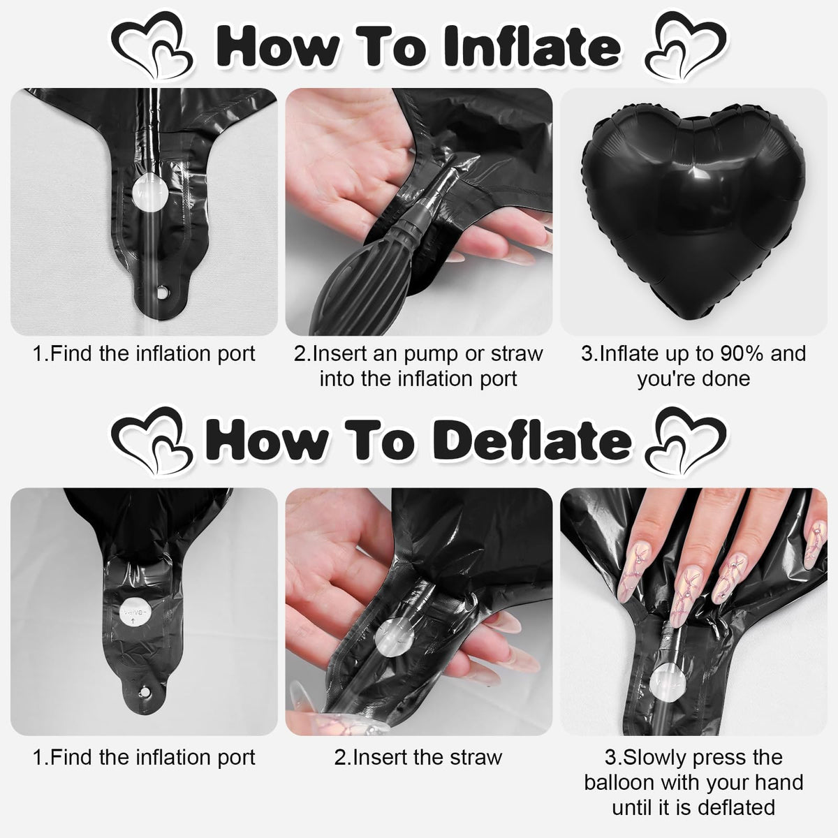 Adorely Black White Gold Heart Balloons – 12 Pcs, 18in Foil Hearts for Parties