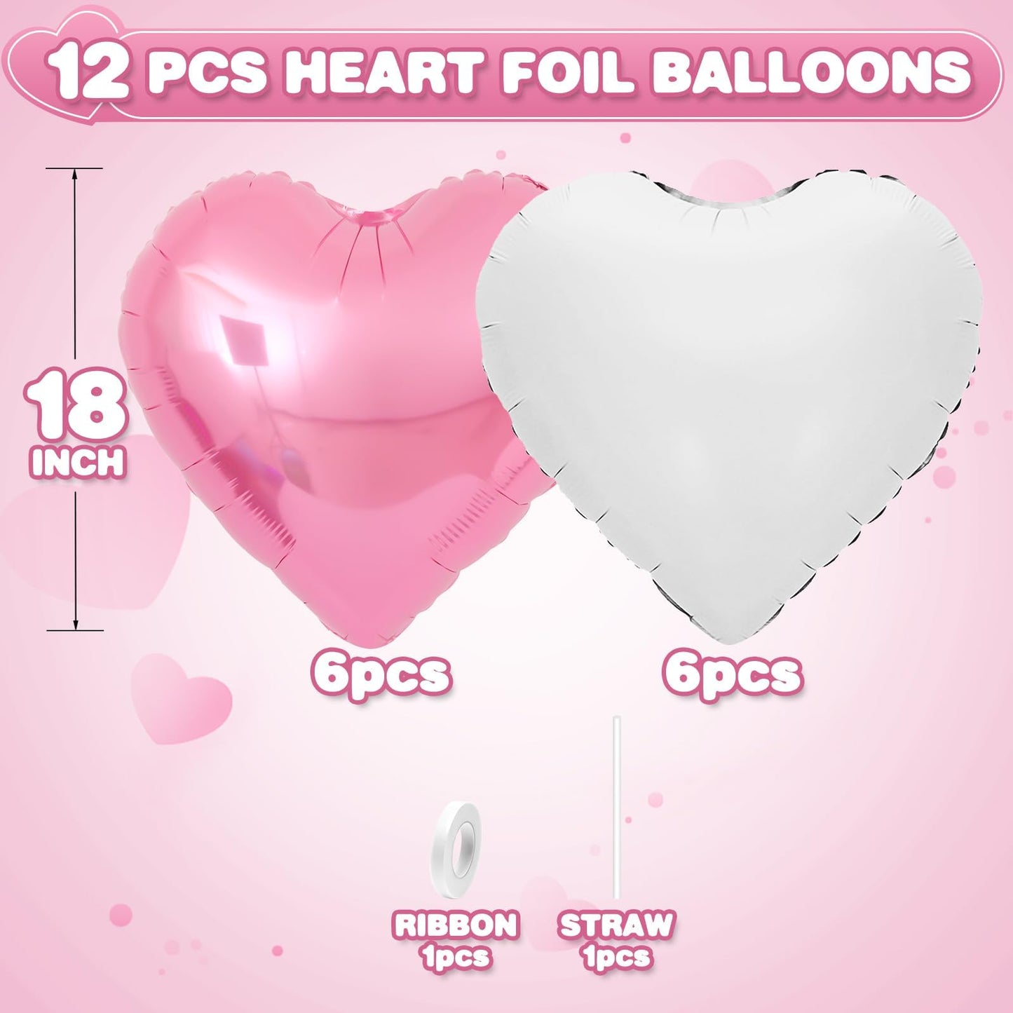 Adorely Pink & White Heart Foil Balloons, 12Pcs, 18-Inch – Ideal for Baby Showers, Birthdays, Weddings