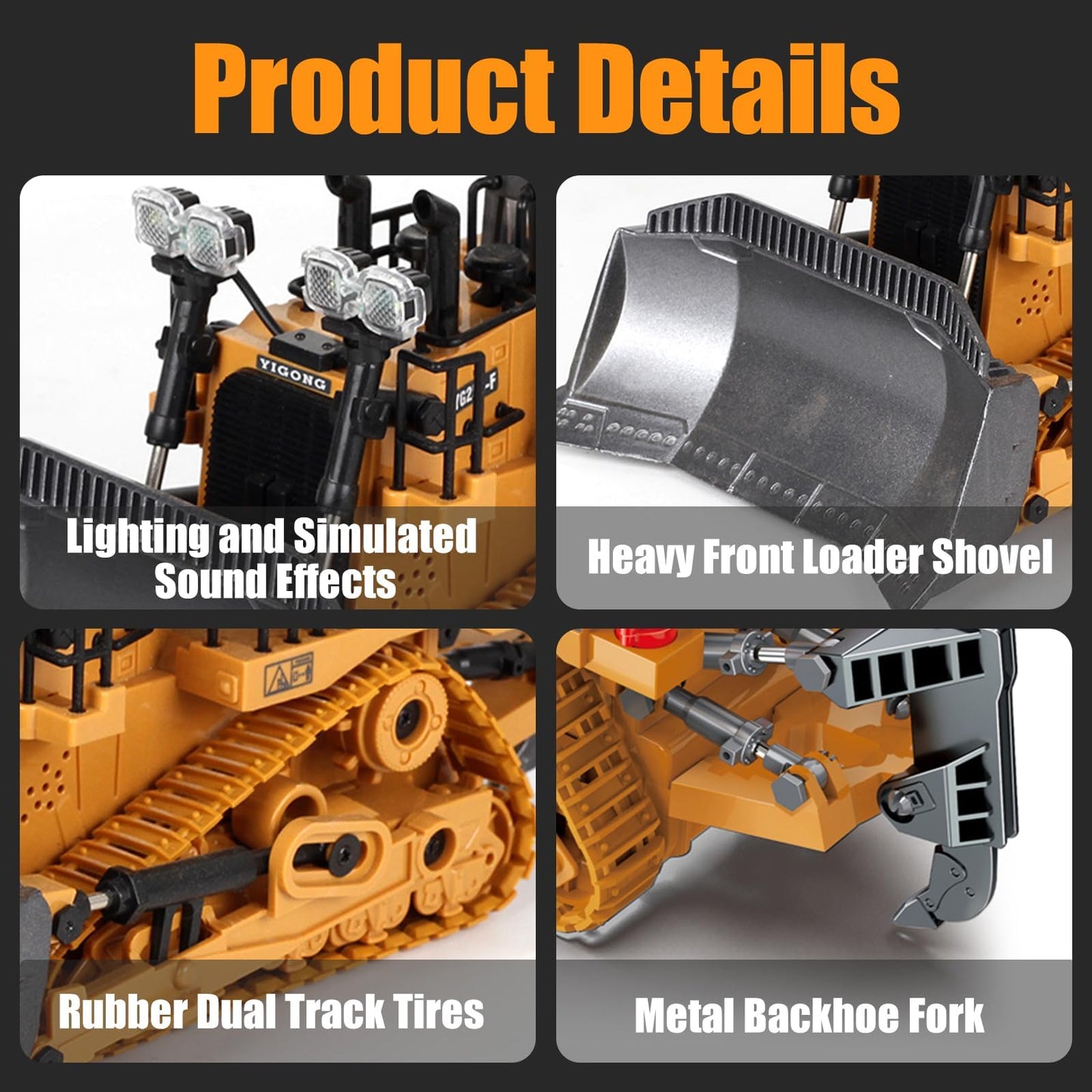 ADTHLIER Remote-Controlled Bulldozer – 11-Channel 2.4GHz RC Excavator with Lights & Sound | 1:20 Scale Toy for Ages 6+
