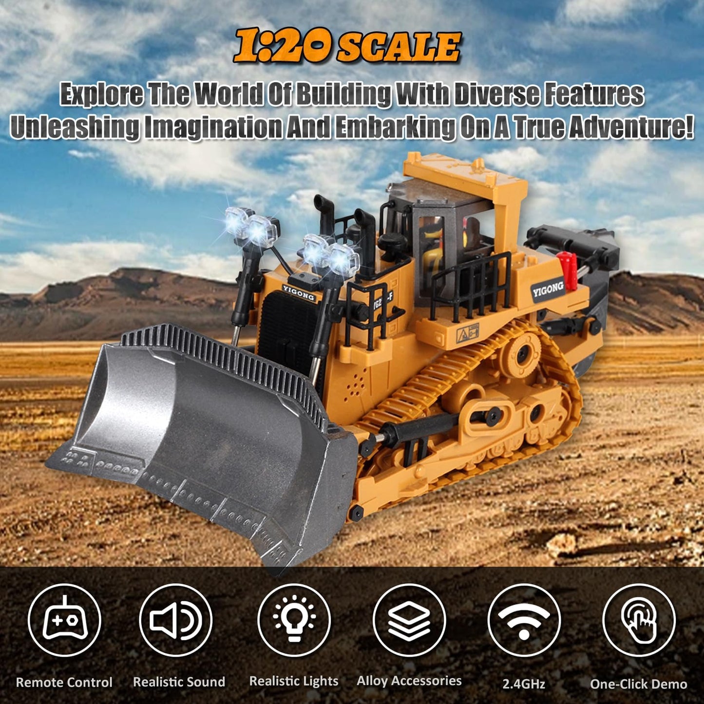 ADTHLIER Remote-Controlled Bulldozer – 11-Channel 2.4GHz RC Excavator with Lights & Sound | 1:20 Scale Toy for Ages 6+
