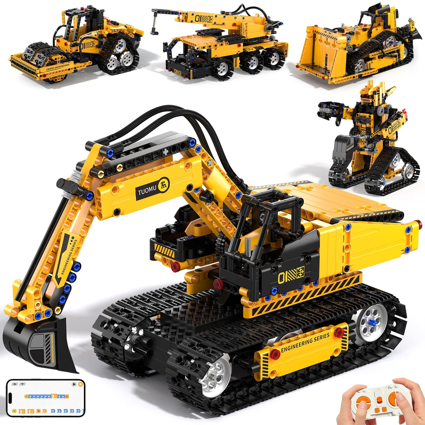 ADUSRIZ 5-in-1 STEM Robotics Kit for Kids 6-14 — Remote & App Controlled Excavator, Robot, Bulldozer, Roller, Truck (535 PCS)
