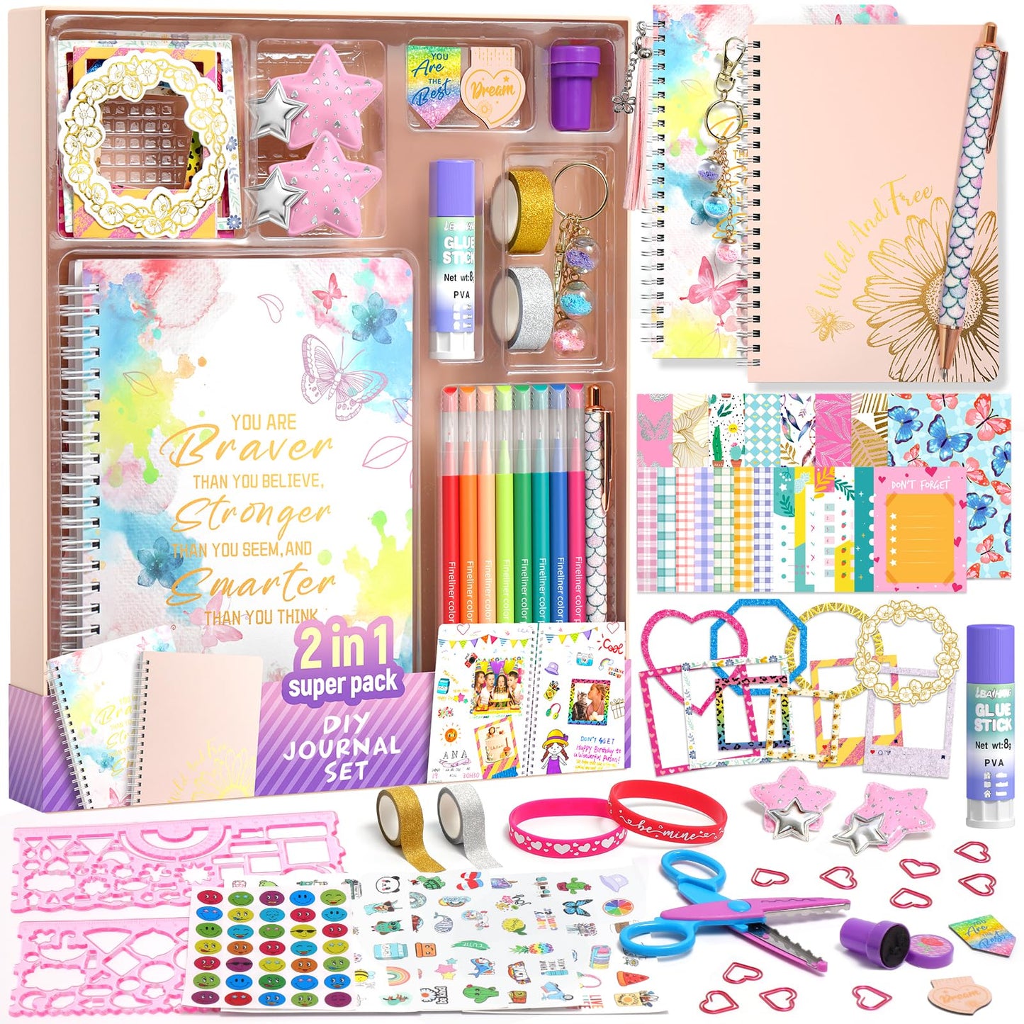 ADUSRIZ 2-Pack DIY Journal Kit for Girls 8–14 | 70+ Craft Accessories & Scrapbook Set | Giftable Kit