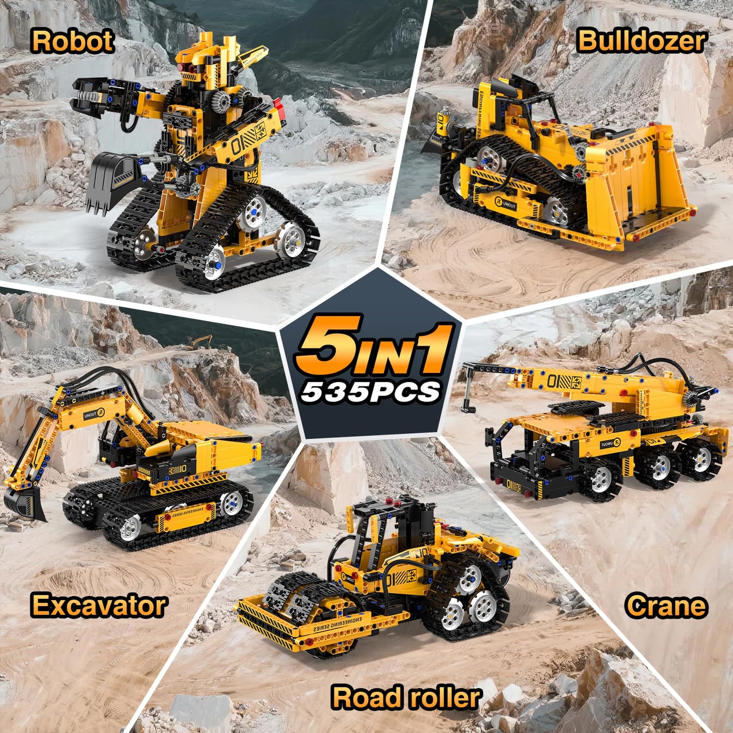ADUSRIZ 5-in-1 STEM Robotics Kit for Kids 6-14 — Remote & App Controlled Excavator, Robot, Bulldozer, Roller, Truck (535 PCS)