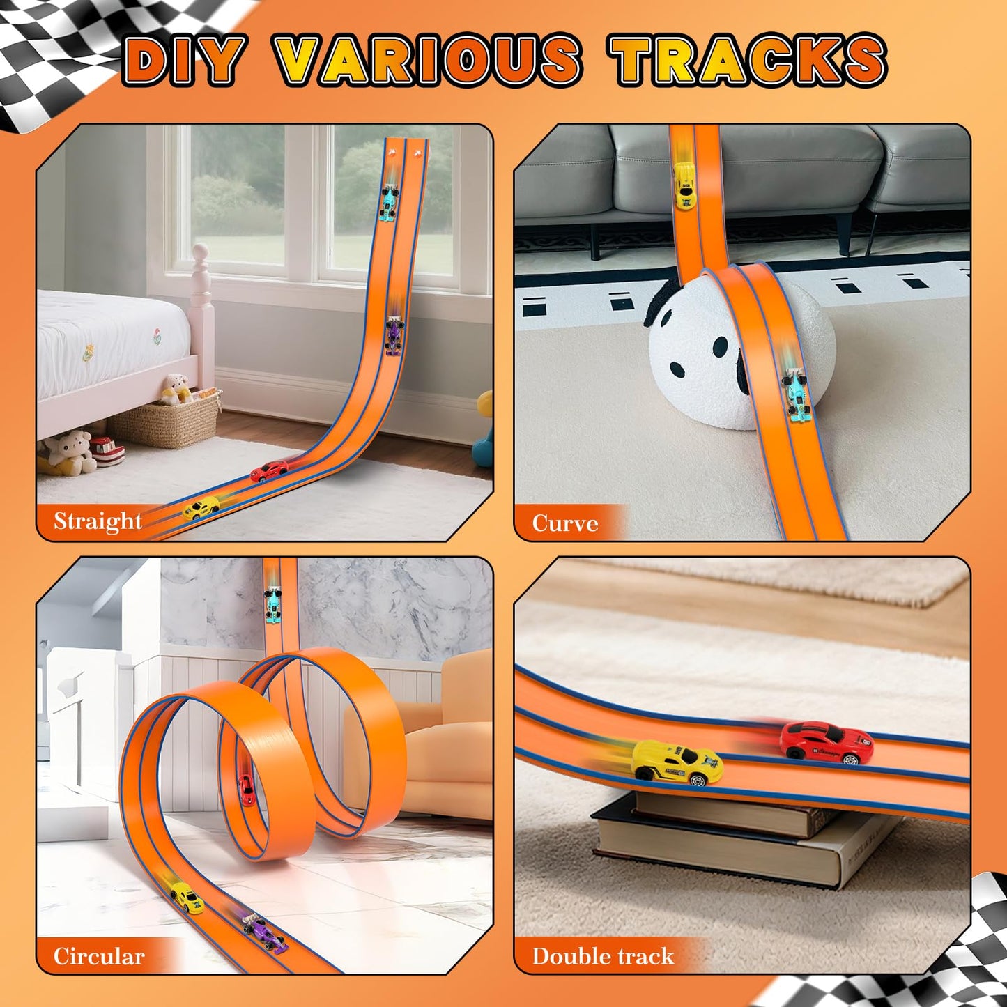 ADUSRIZ Flex Tracks 15 Ft Flexible Race Car Track – 1:64 Scale Compatible