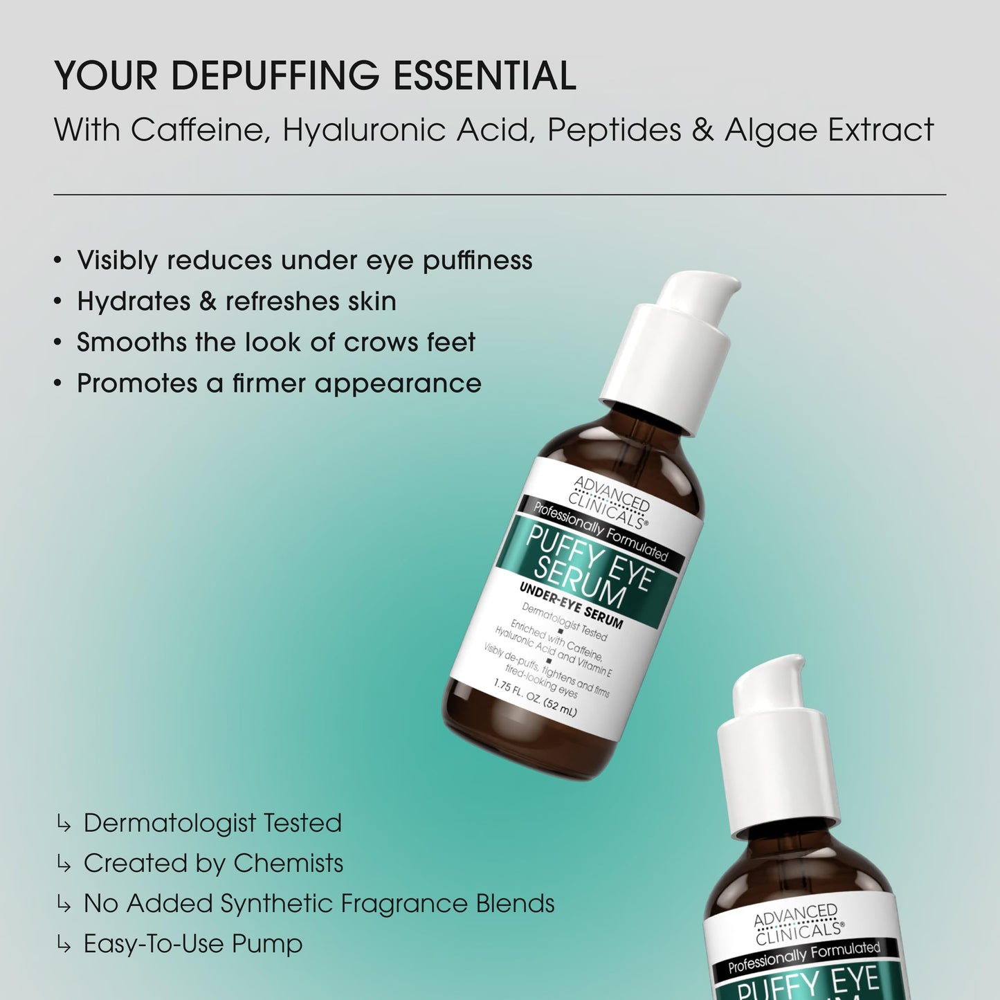 Advanced Clinicals Puffy Eye Serum – Vitamin C + Caffeine, Depuff & Brighten, 2-Pack