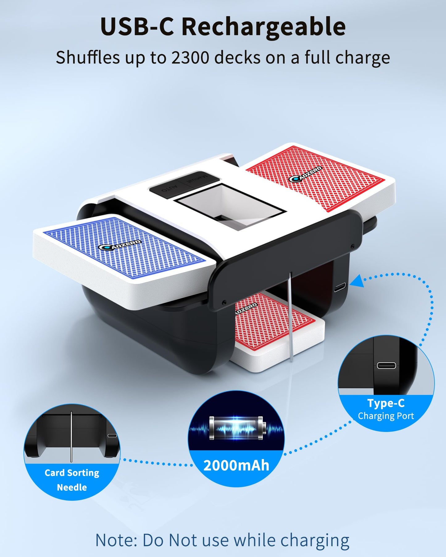 ADZERD Automatic Card Shuffler for 1-2 Decks | USB-C Rechargeable, Dual Auto/Manual Modes, Quiet & Compact