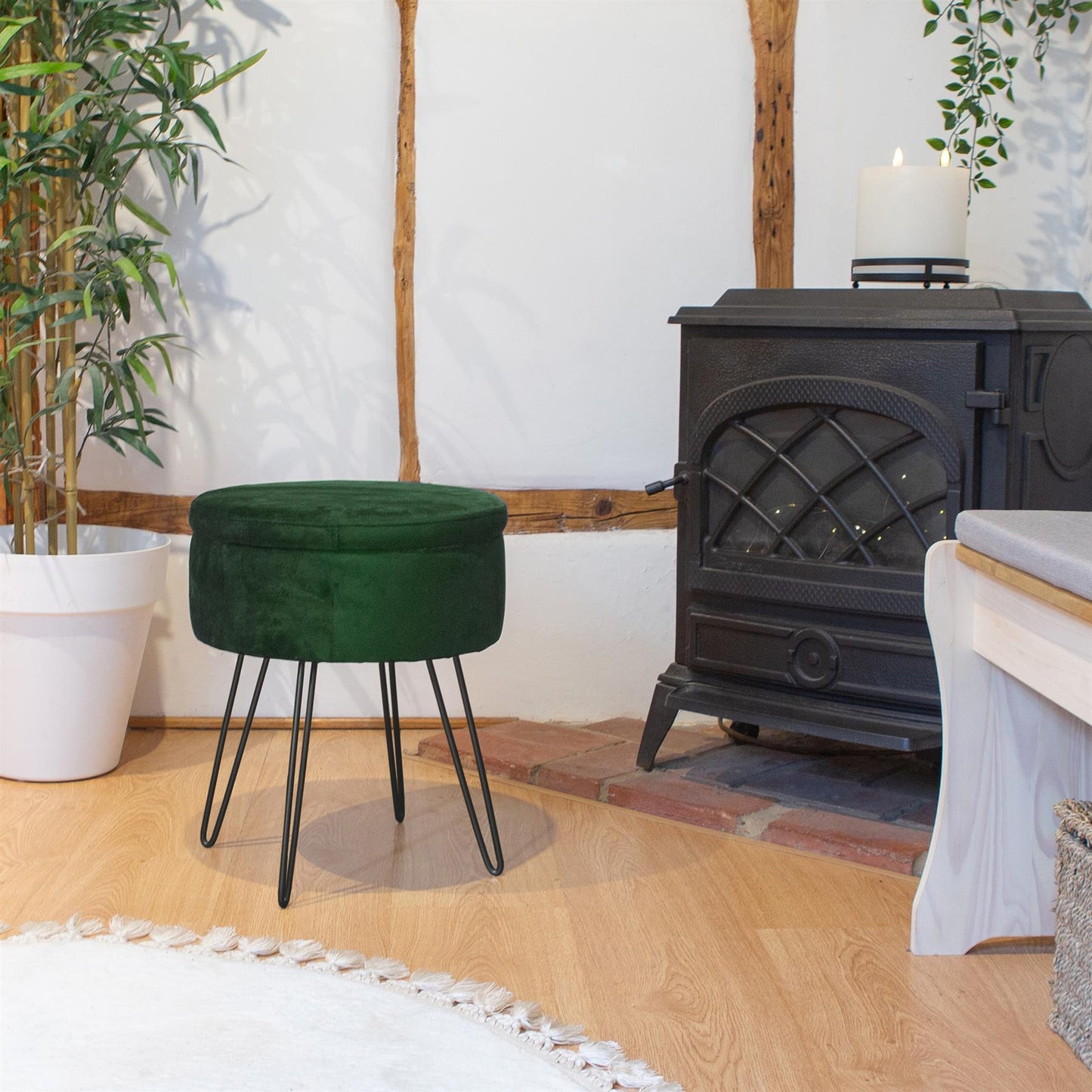 Green Round Velvet Storage Footstool