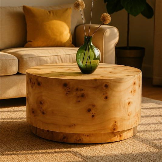 Natural Burl Wood Round Coffee Table with Drum Shape Design, Mota
