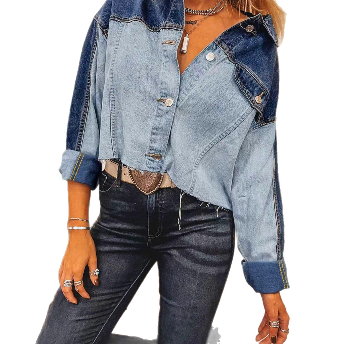 Patchwork Color Denim Jacket With Buttoned Hem And Long Sleeves