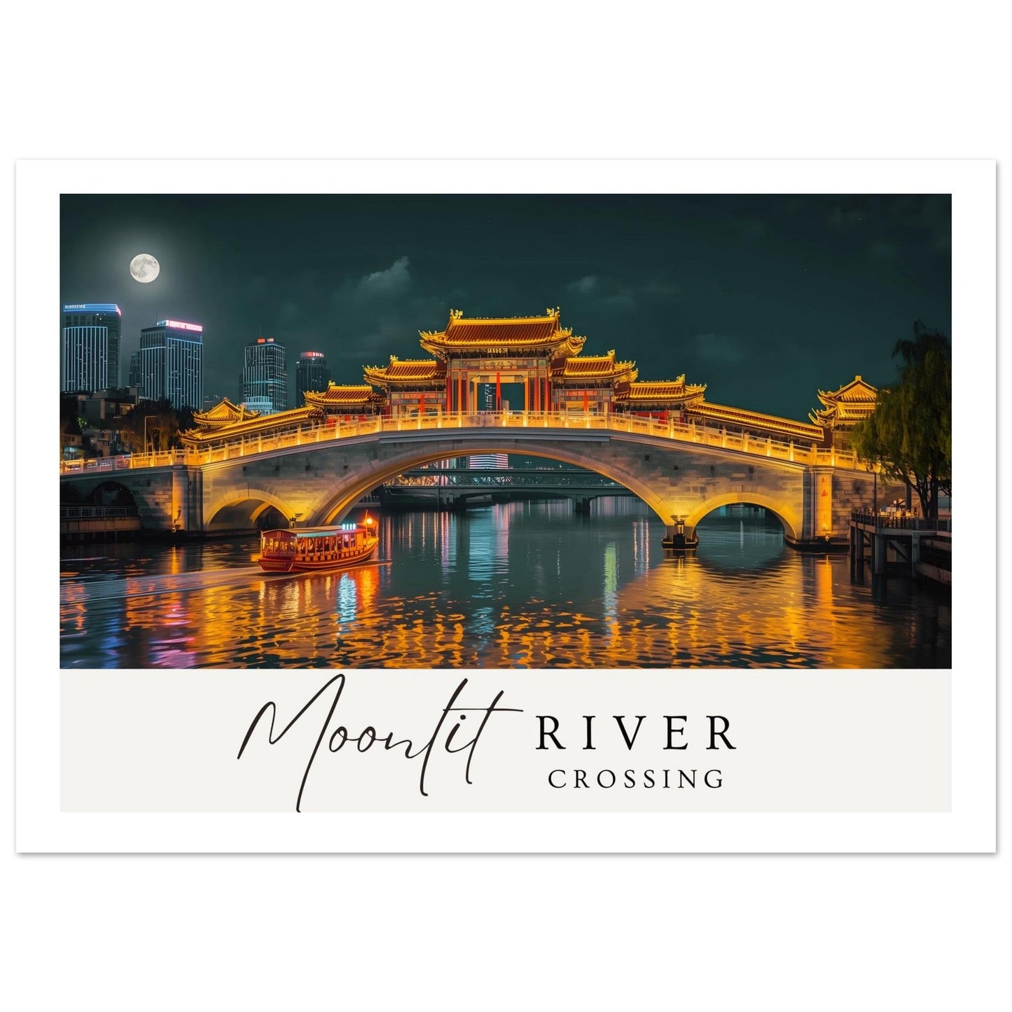 Moonlit River Crossing Poster - Illuminated Bridge Night Scene - Modern Landscape Wall Art Print