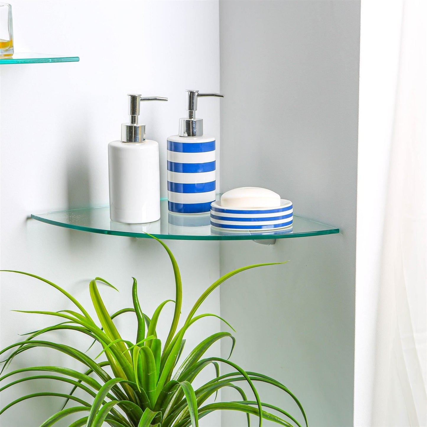 30cm Floating Glass Corner Shelf with Gold Fixings