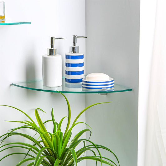 30cm Floating Glass Corner Shelf with Gold Fixings