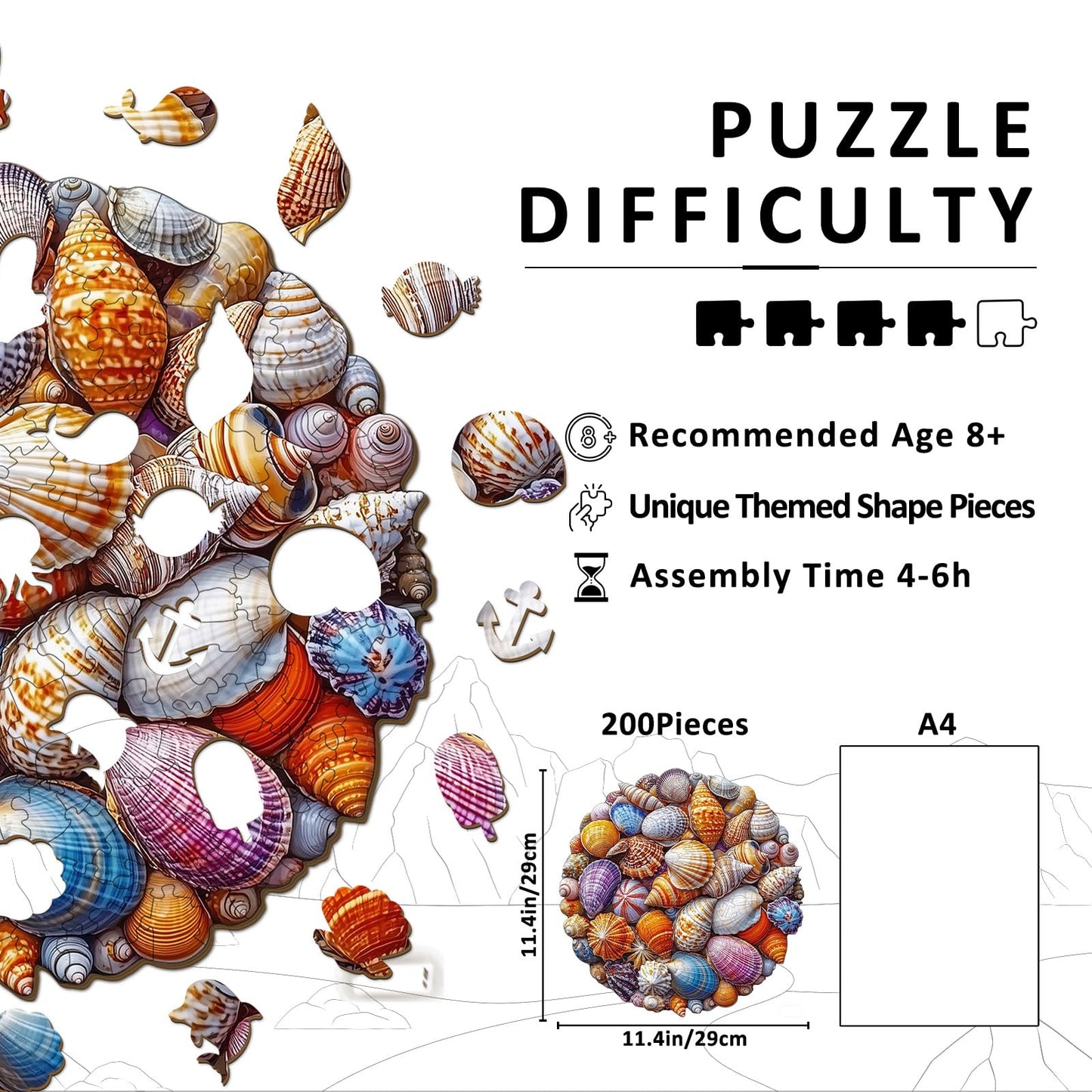 Aeekdook Wooden Puzzles for Adults – Colorful Seashell Round Puzzle (200 Pieces)