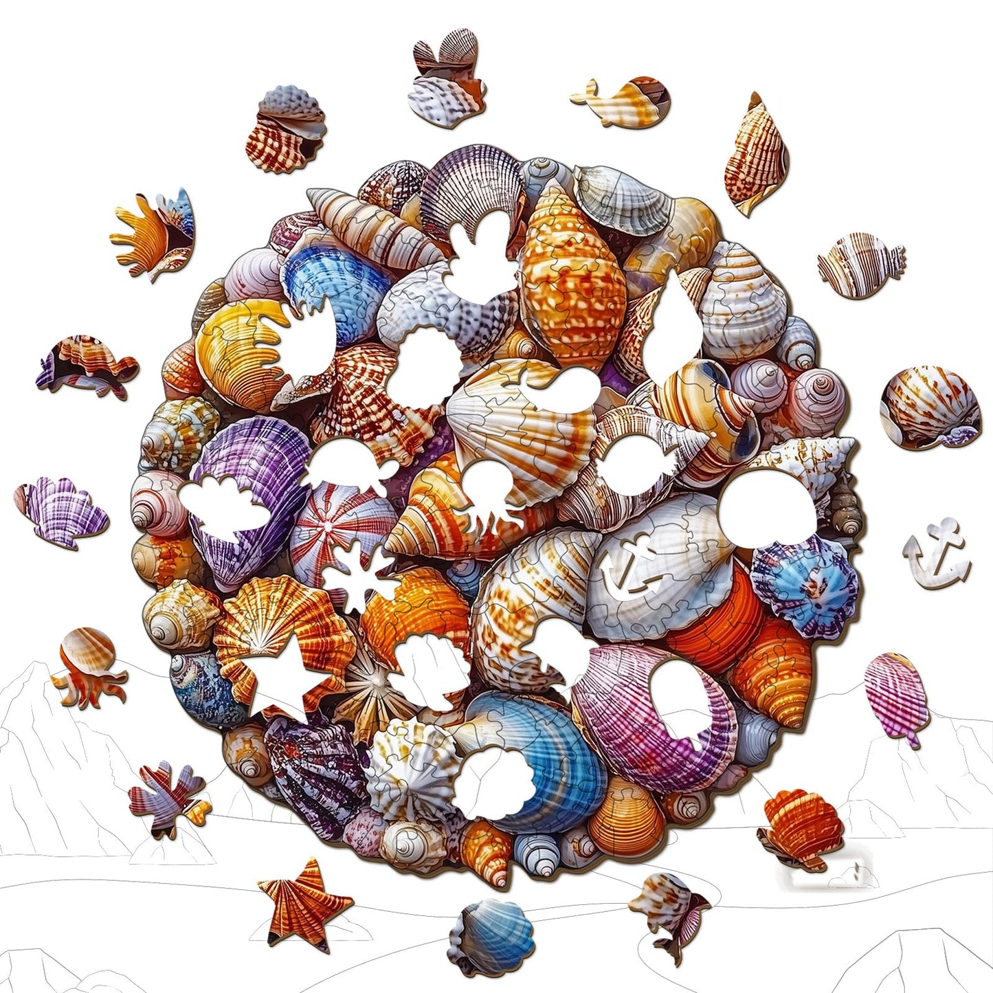 Aeekdook Wooden Puzzles for Adults – Colorful Seashell Round Puzzle (200 Pieces)