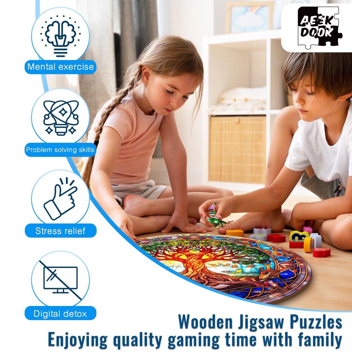 Aeekdook Wooden Puzzles for Adults – Stained Glass Tree of Life 200-Piece Jigsaw Puzzle | Premium Brain Teaser & Decorative Gift